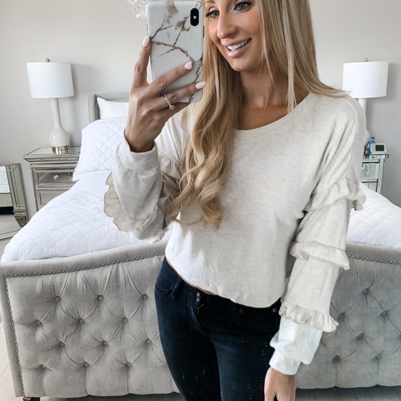 Ruffle Oatmeal Long Sleeve Detail Loose Top - Picture 7 of 11